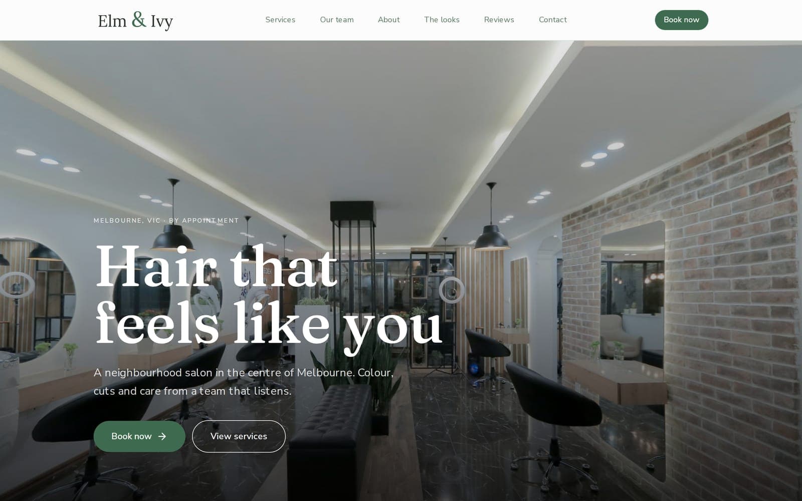 Elm & Ivy Hair Co website on desktop