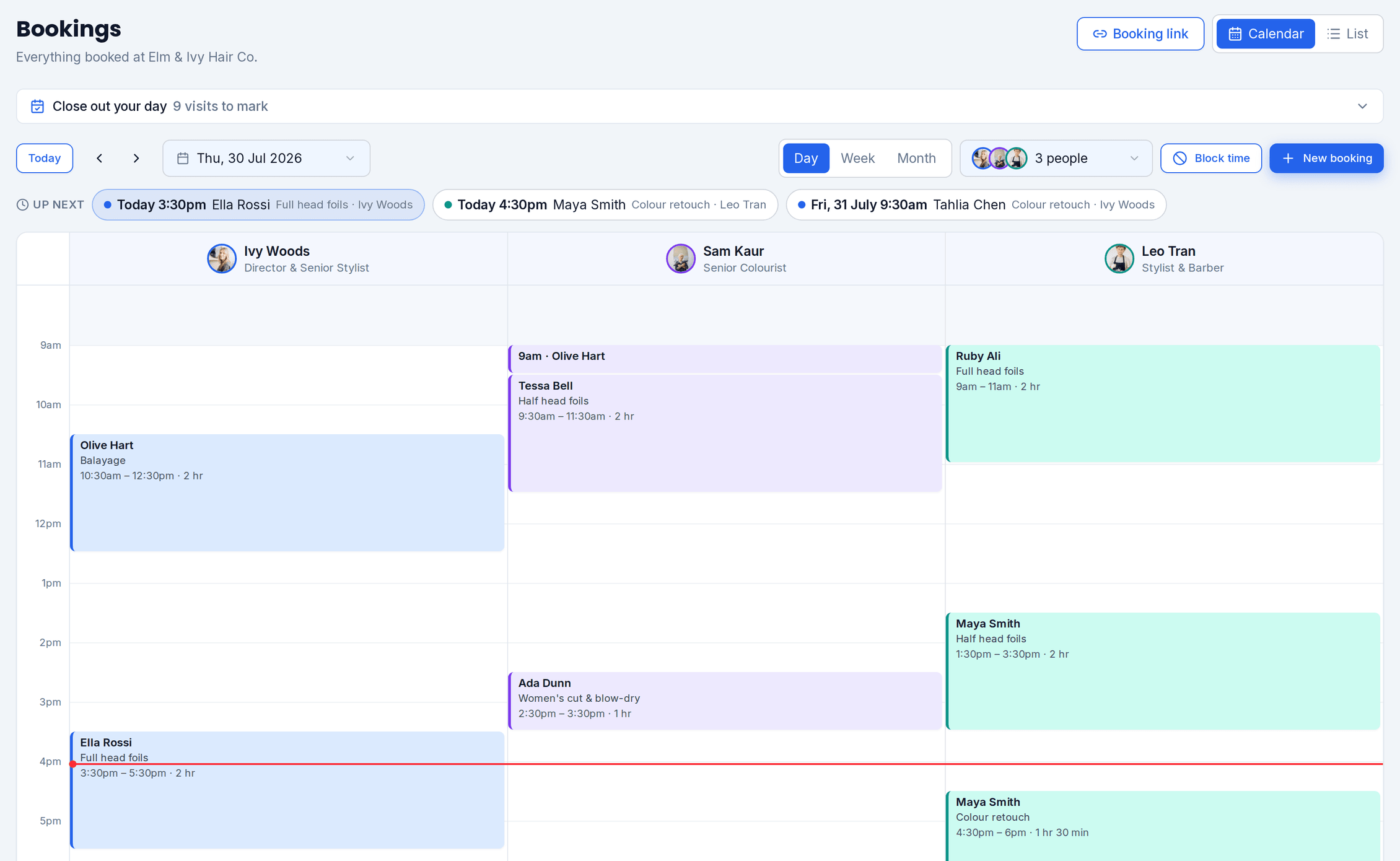 The BeNotely calendar: a real day of bookings, one column per team member, colour-coded