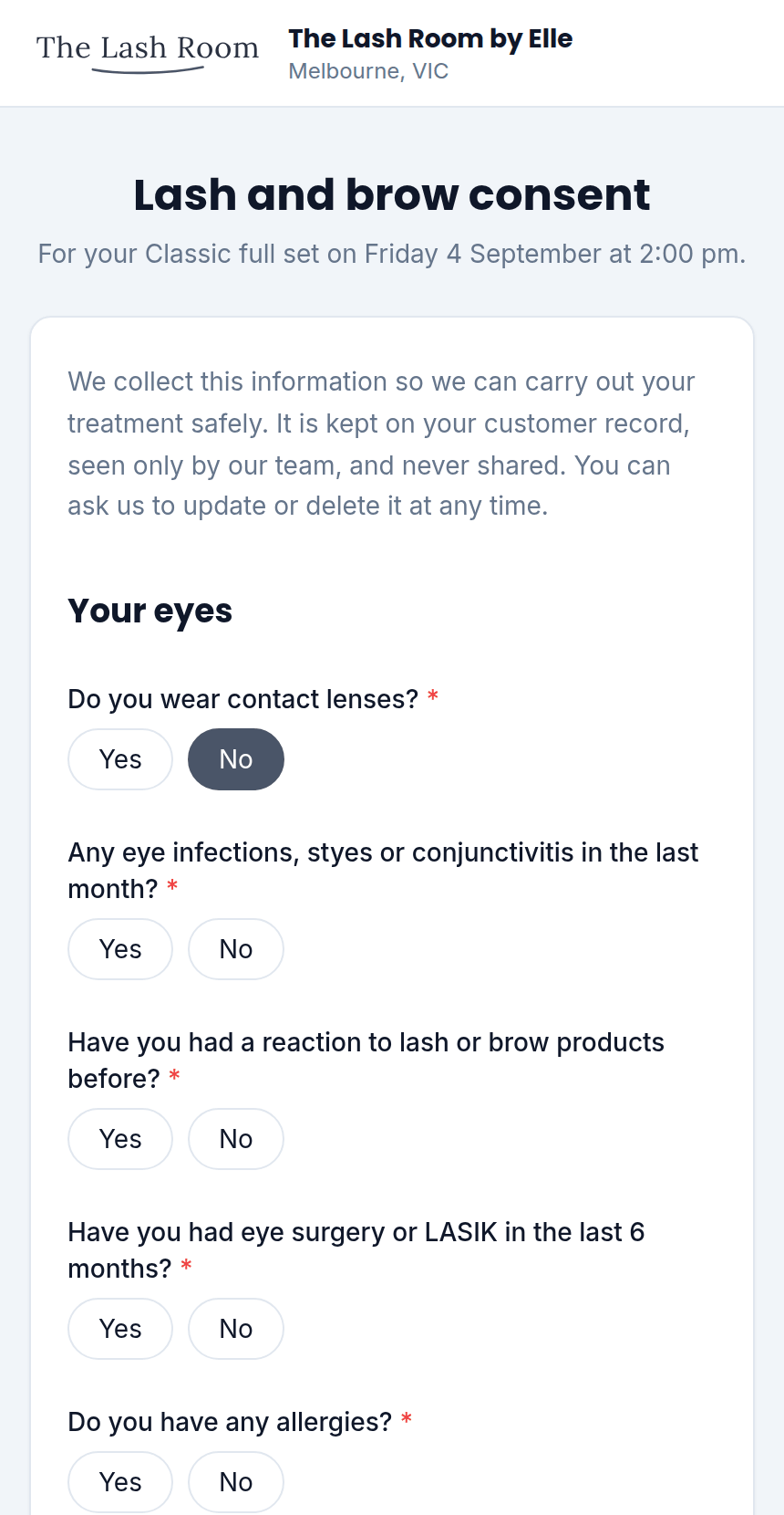 A lash and brow consent form, filled in on the customer's phone