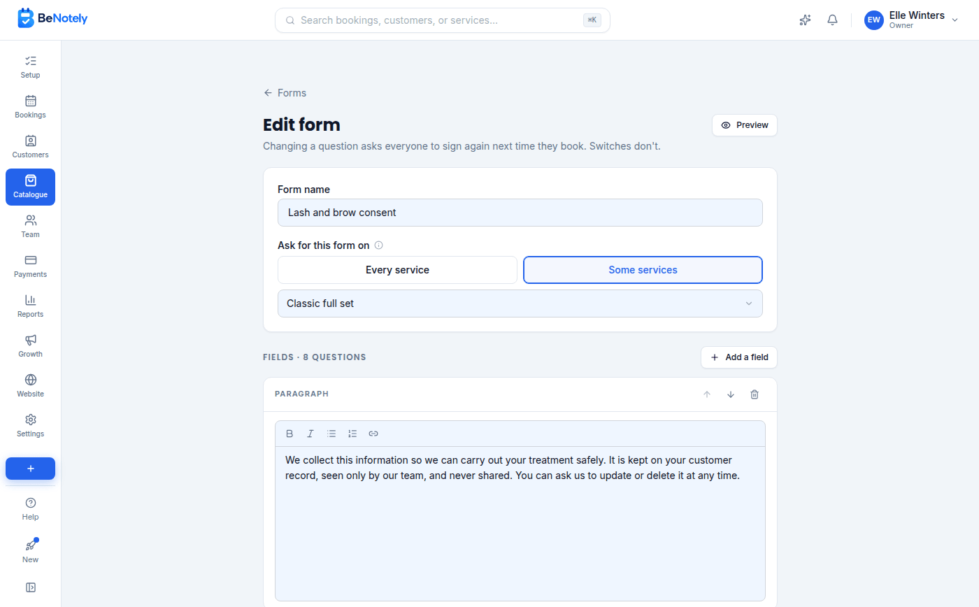 Building a lash and brow consent form in BeNotely: the questions, the follow-ups and the services it applies to