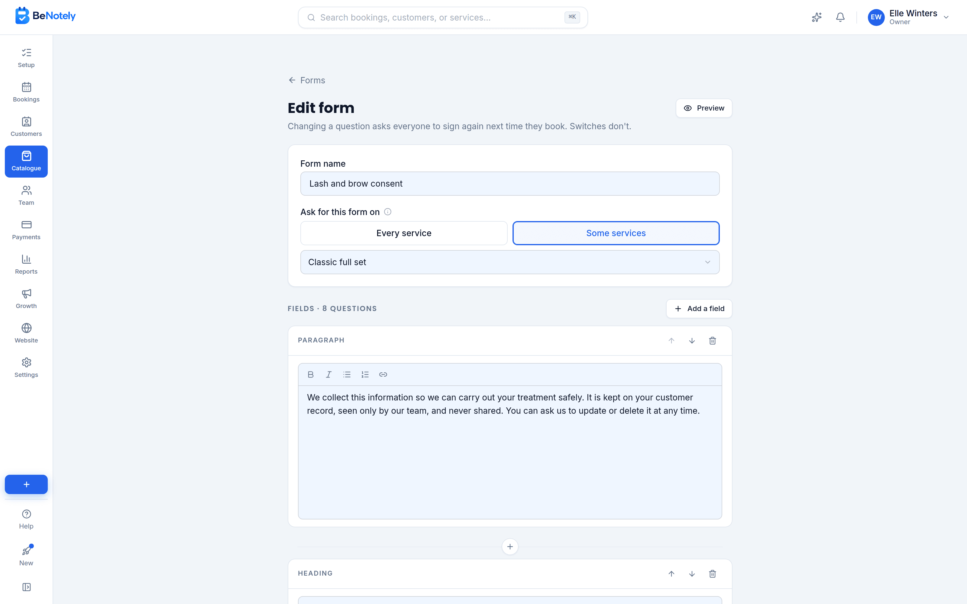 Building a lash and brow consent form in BeNotely: the questions, the follow-ups and the services it applies to