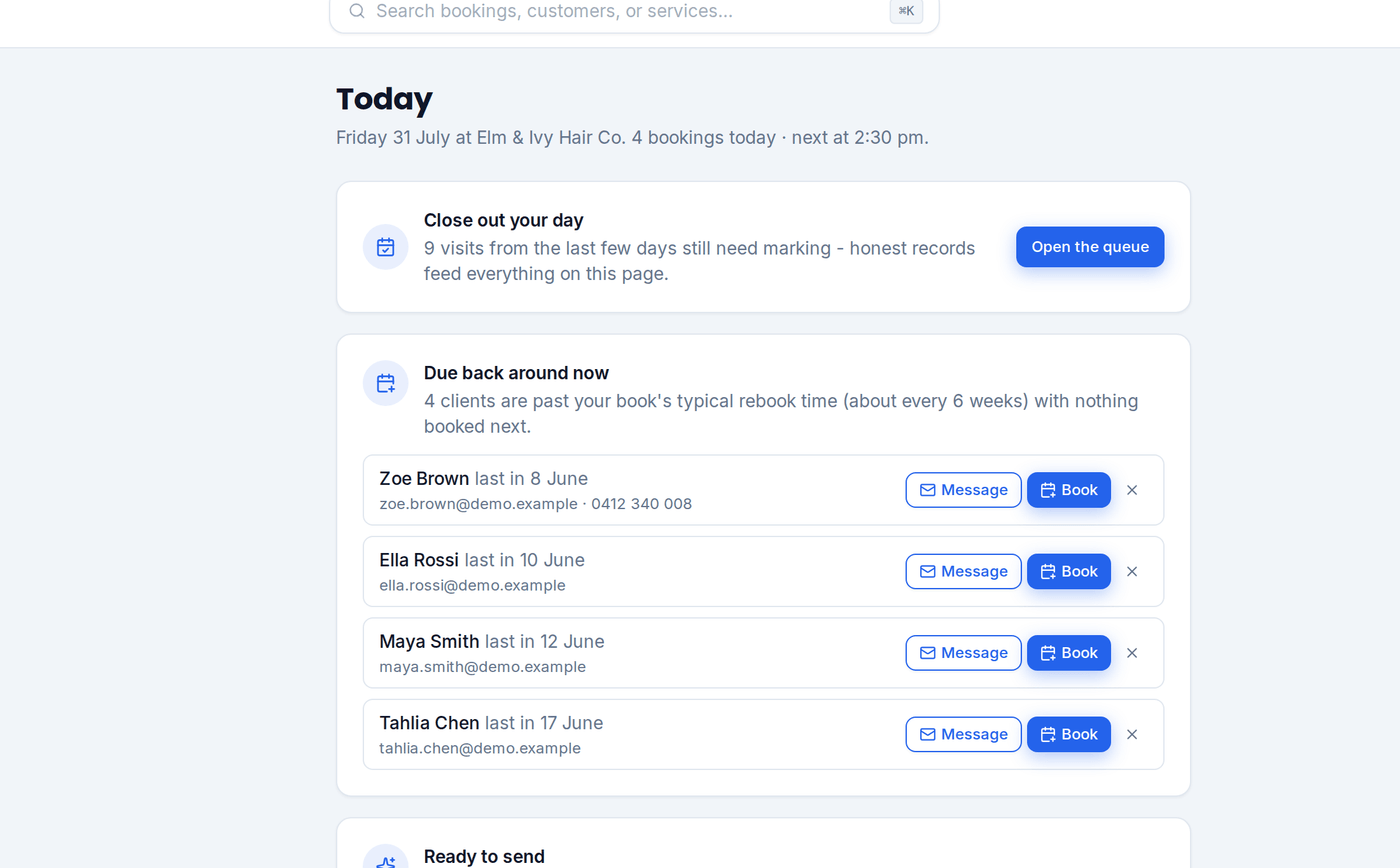 The Today page: close out your day, four customers due back, a message ready to send
