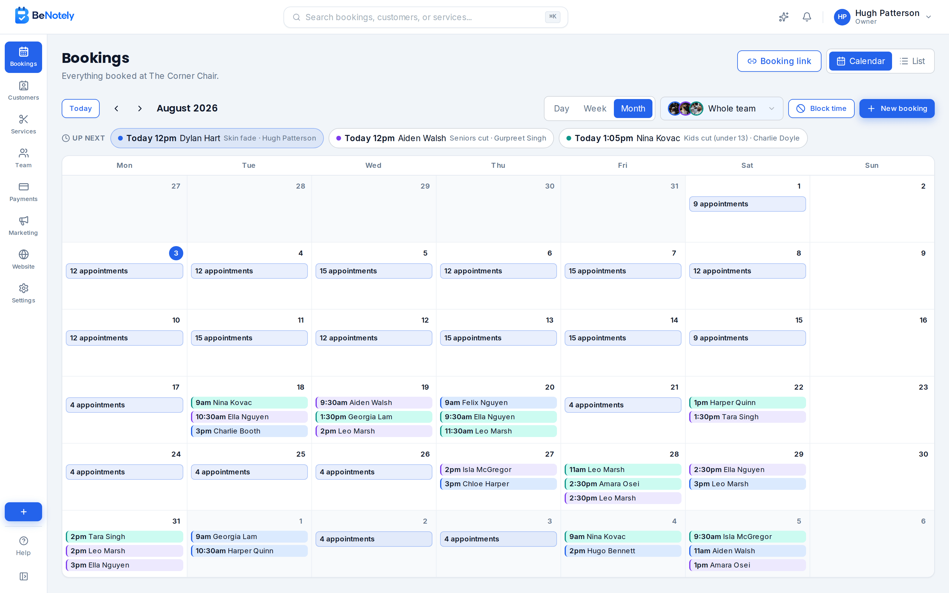 The BeNotely calendar showing a month full of bookings