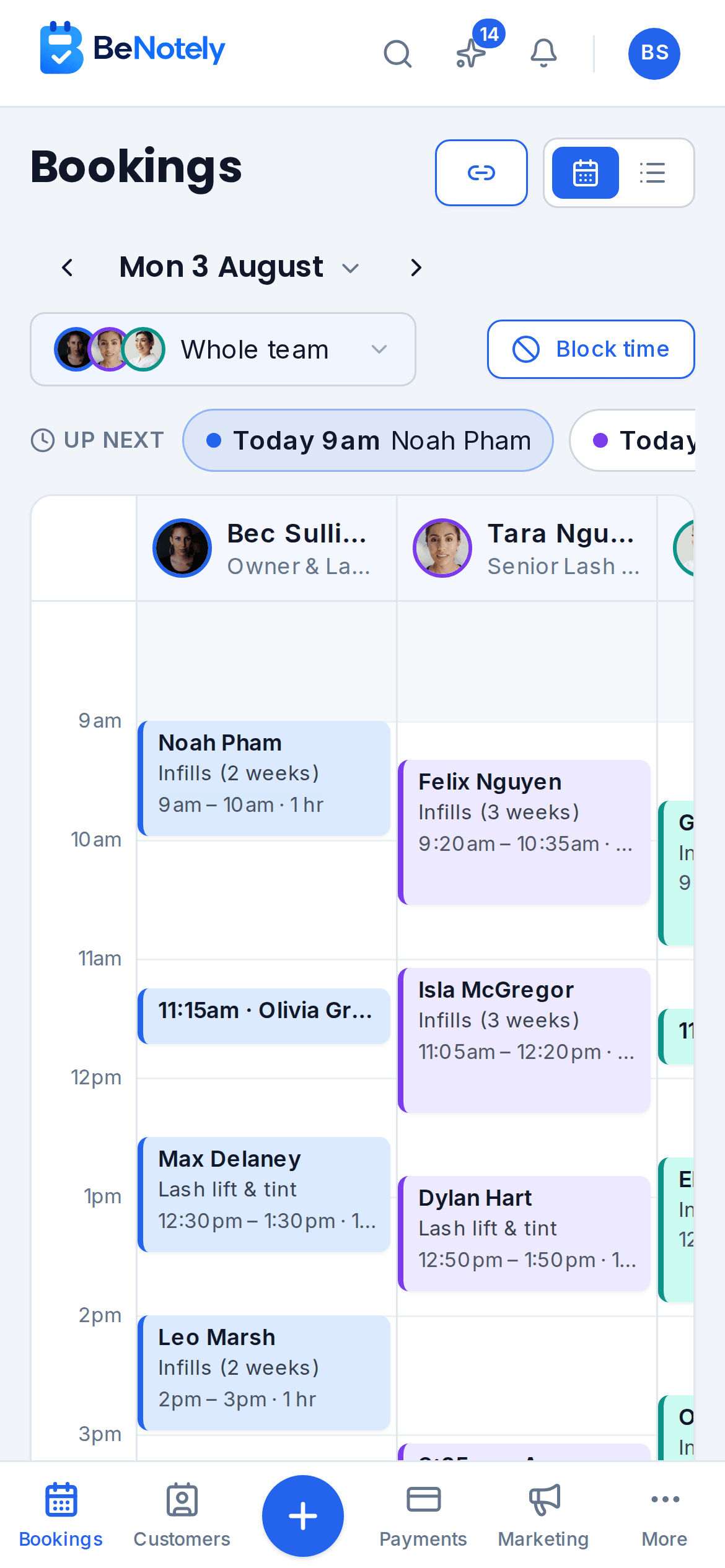The BeNotely calendar day view on a phone