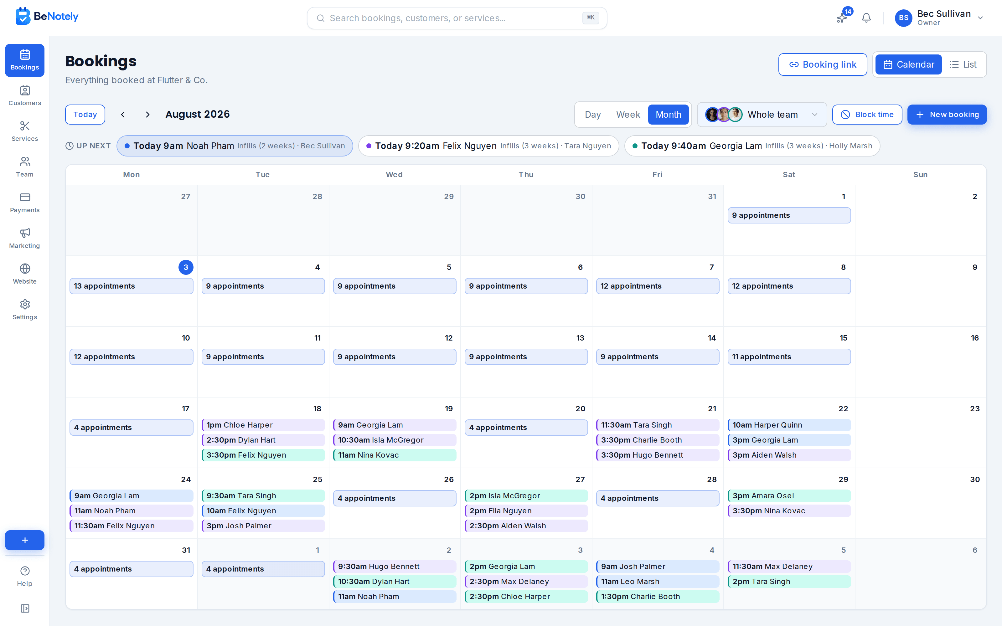 The BeNotely calendar showing a month full of bookings