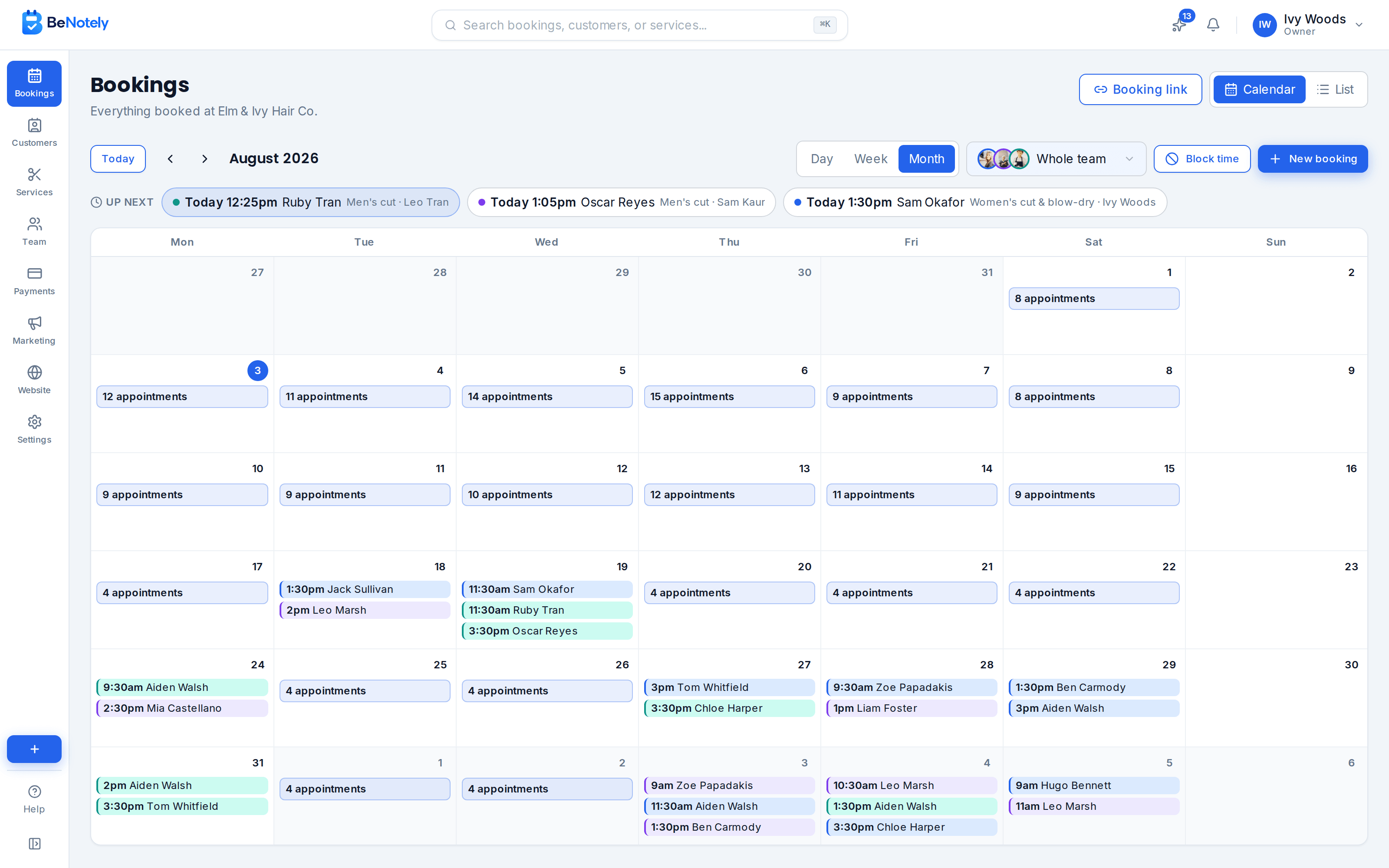 The BeNotely calendar showing a month full of bookings