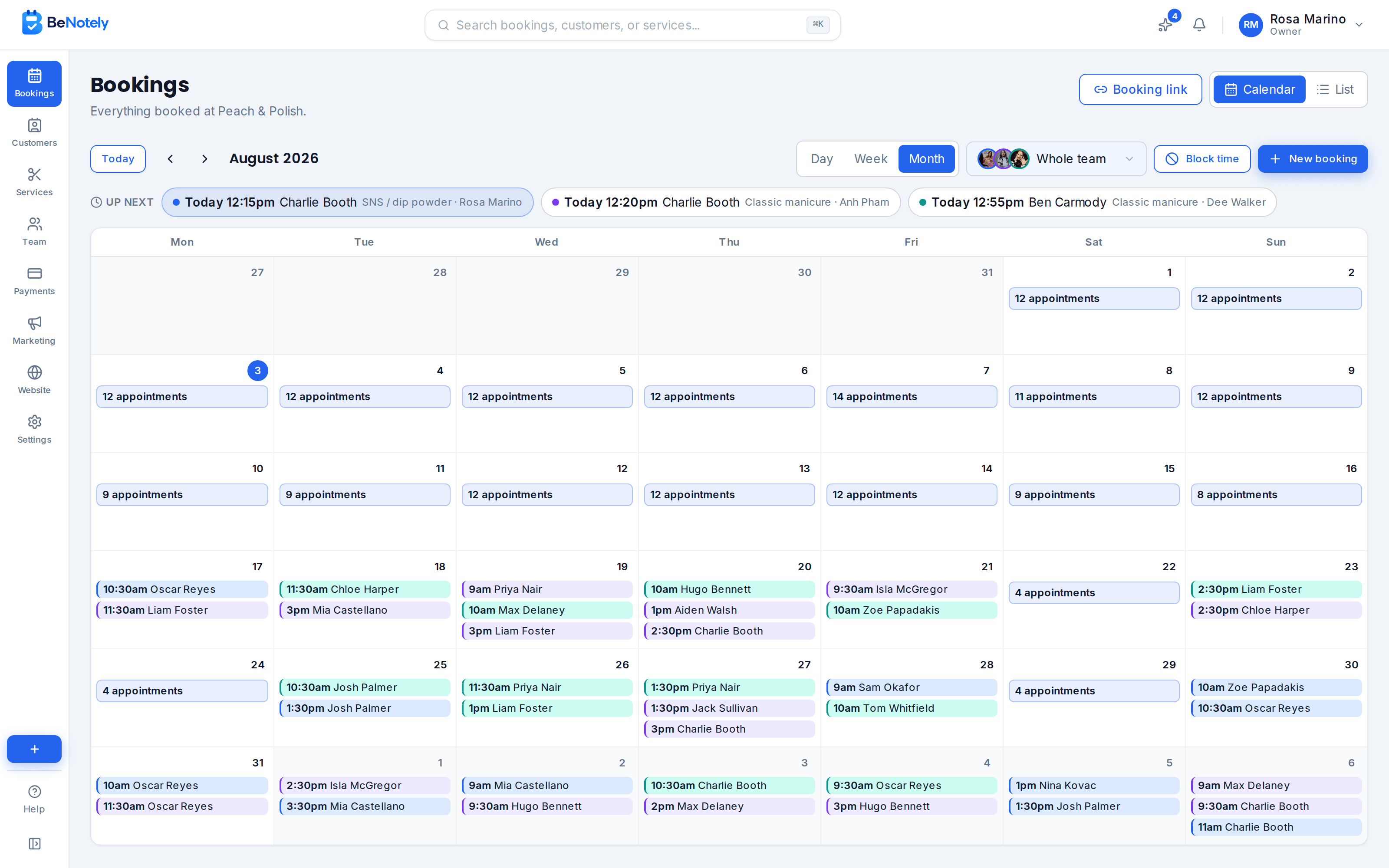 The BeNotely calendar showing a month full of bookings