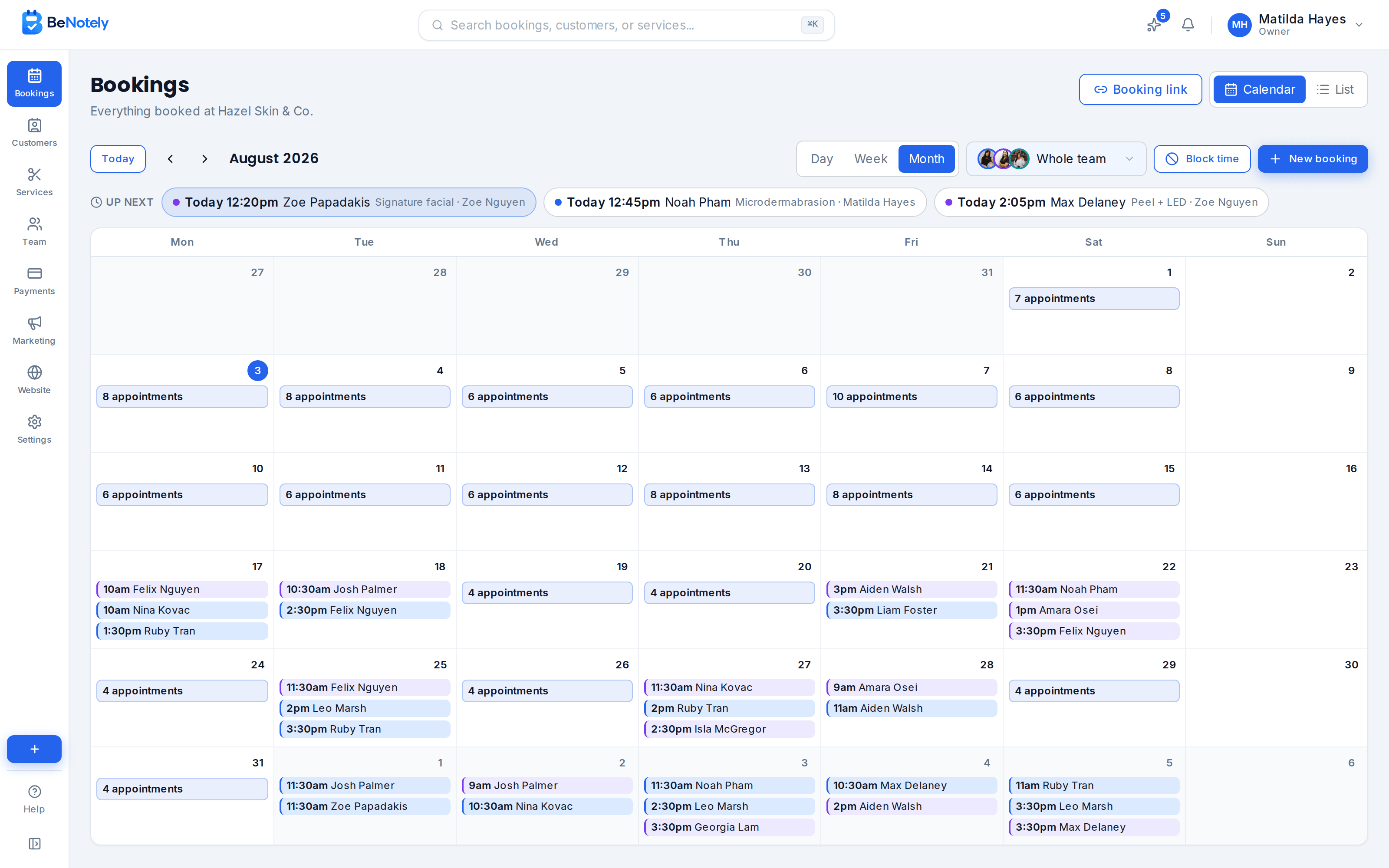 The BeNotely calendar showing a month full of bookings