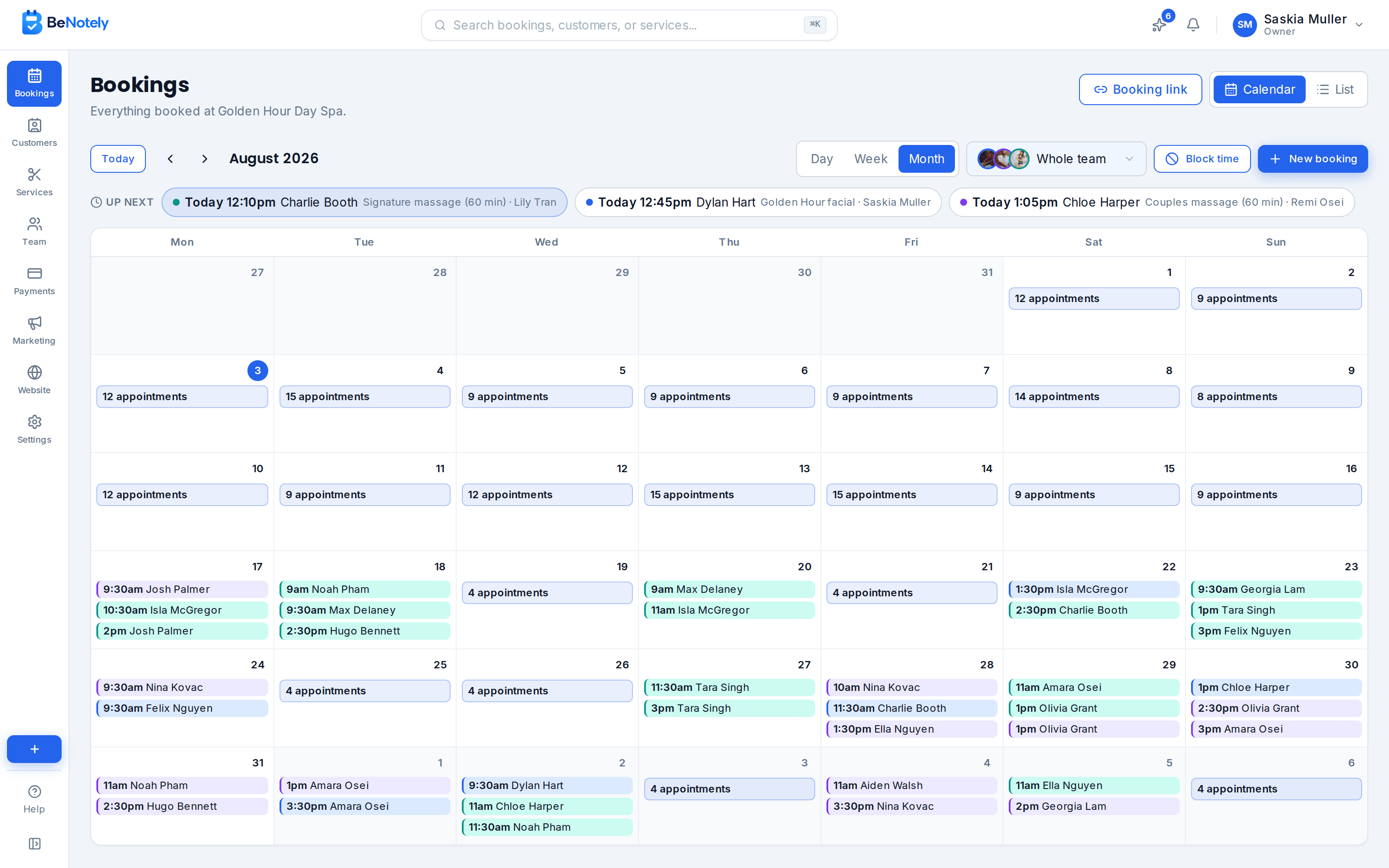 The BeNotely calendar showing a month full of bookings